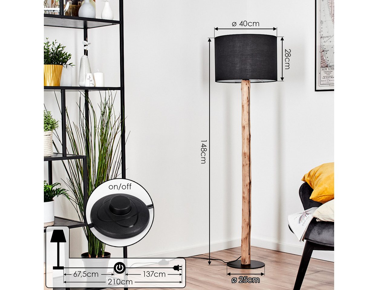 hofstein Stehlampe Stehlampe aus Holz/Metall mit Schirm aus Stoff in Schwarz/Weiß, ohne Leuchtmittel, Stehleuchte im modernen Boho-Design (40 cm), Höhe 147 cm, E27 Bild 4