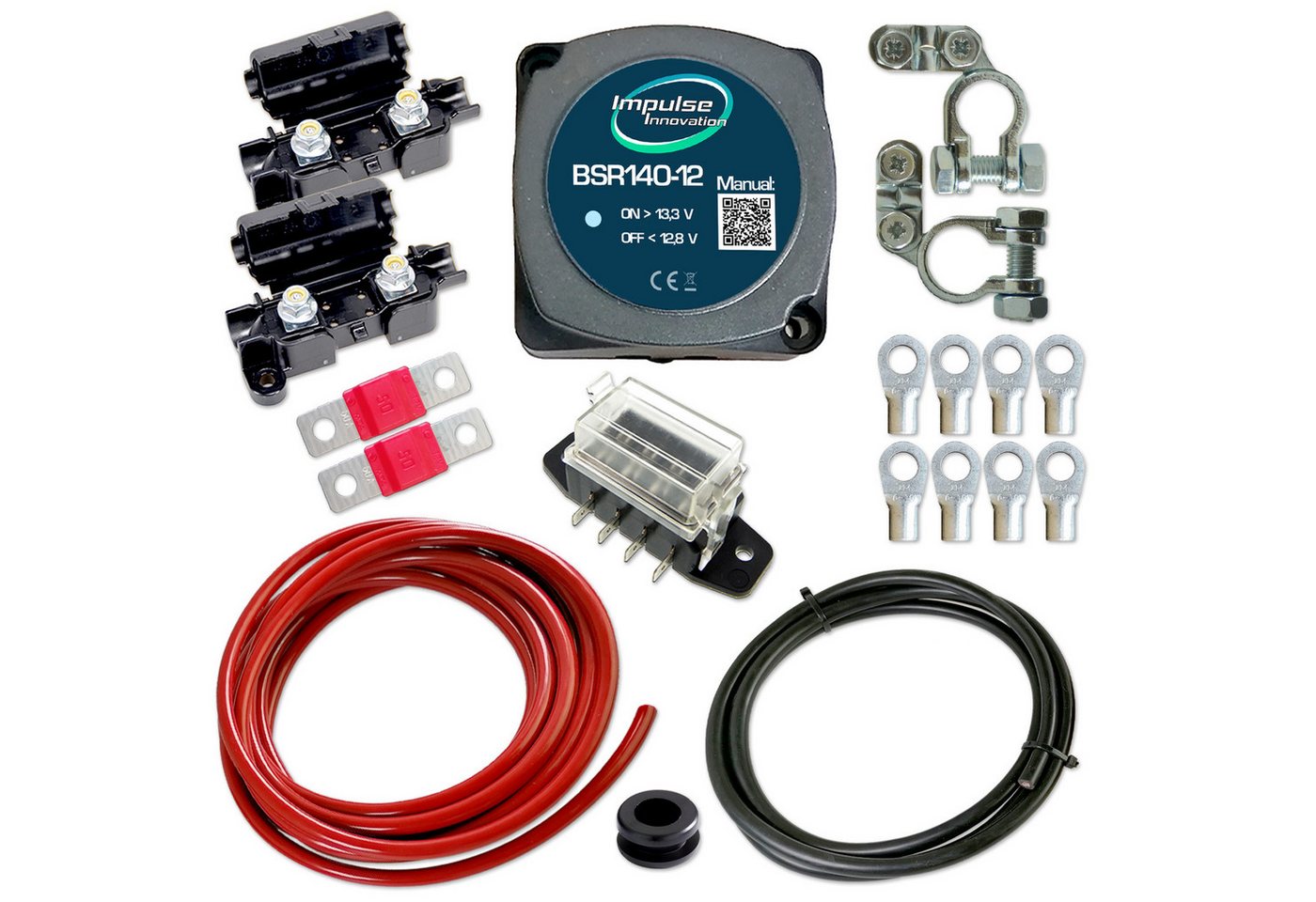 Impulse Innovation Batterie-Trennrelais Zweitbatterieset 12V BSR140-12 6-fach Sicherungshalter & 6m Kabel