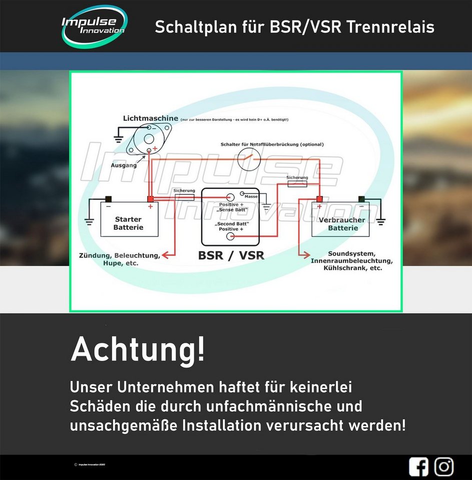 Impulse Innovation Batterie-Trennrelais Zweitbatterieset 12V BSR140-12 6-fach Sicherungshalter & 6m Kabel Bild 2