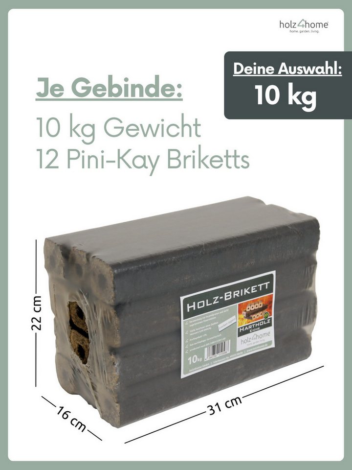 holz4home® Holzbriketts Pini Kay Eichenbriketts I 100% ohne Zusätze I Briketts Kamin Brennholz, 10 kg, Mit Zugloch gepresst Bild 2