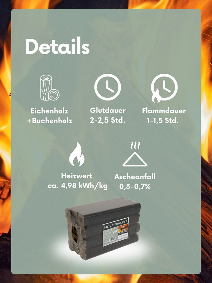 holz4home® Holzbriketts Pini Kay Eichenbriketts I 100% ohne Zusätze I Briketts Kamin Brennholz, 10 kg, Mit Zugloch gepresst Bild 5