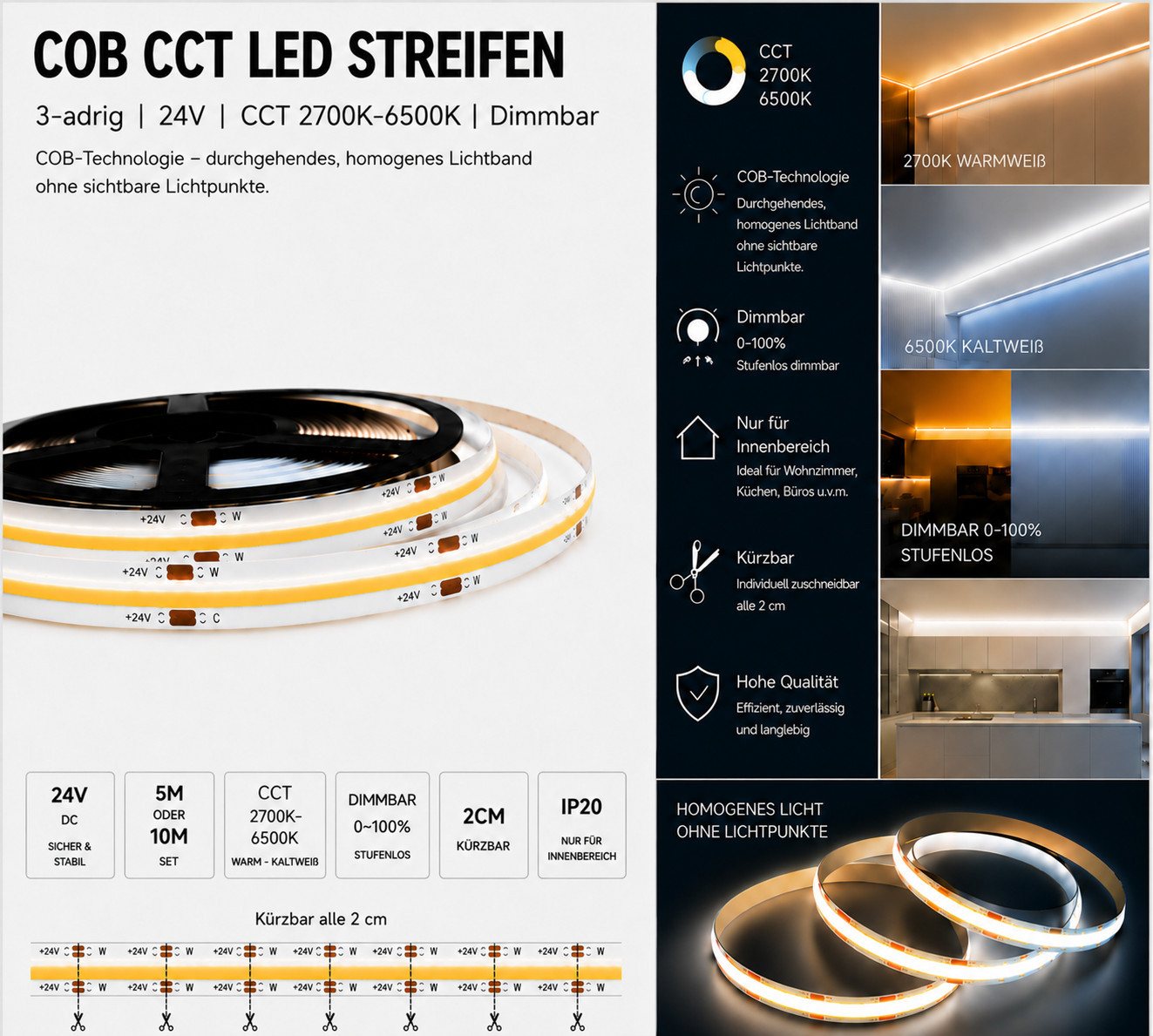 GTV LED Stripe 24V COB CCT LED Strip Punktfreie Durchgehende 2700K-6500K dimmbar, Punktfreie COB-Lichtlinie, alle 2 cm kürzbar, CCT 2700K–6500K