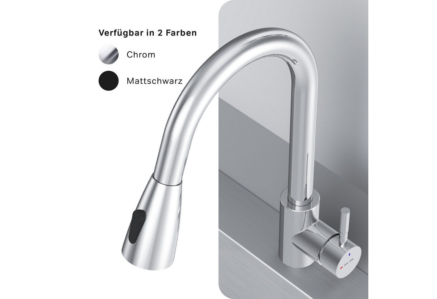 AM.PM Küchenarmatur X-JOY S Wasserhahn Drehbar Spülarmatur Spültischarmatur Küche (Einhebelmischer Misch-Armatur Mischarmatur, Mischbatterie mit ausziehbarer Brause Chrom Silber) ausziehbarer, flexibler und drehbarer Auslauf