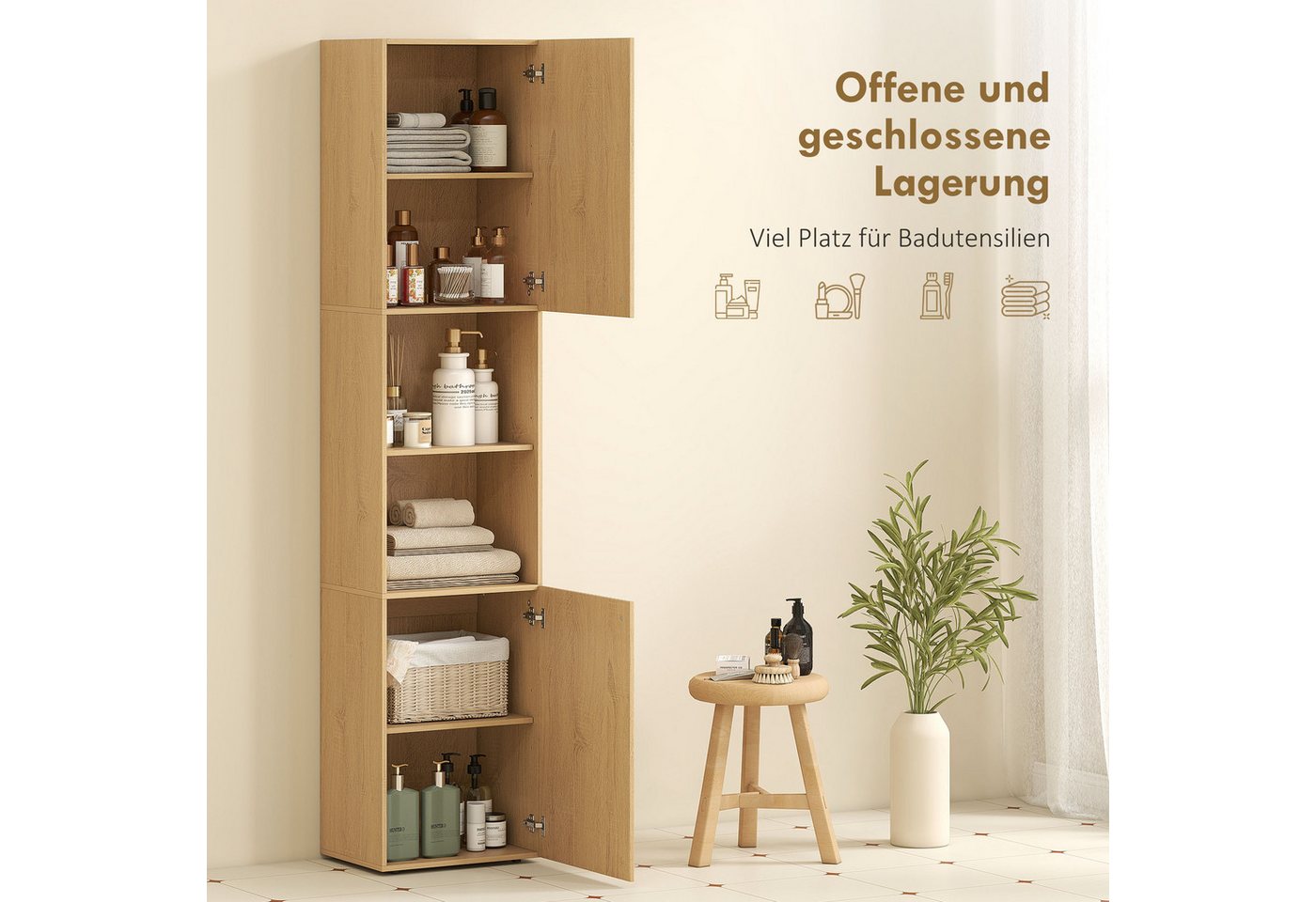 HOMCOM Badkommode Badezimmerschrank mit 2 Türen, 2 offenen Fächern Wohnzimmer (Badschrank, 1 St., Hochschrank), für Badezimmer, Eiche
