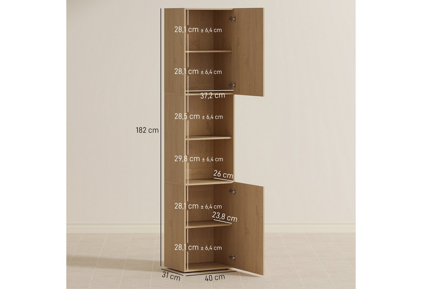 HOMCOM Badkommode Badezimmerschrank mit 2 Türen, 2 offenen Fächern Wohnzimmer (Badschrank, 1 St., Hochschrank), für Badezimmer, Eiche Bild 3