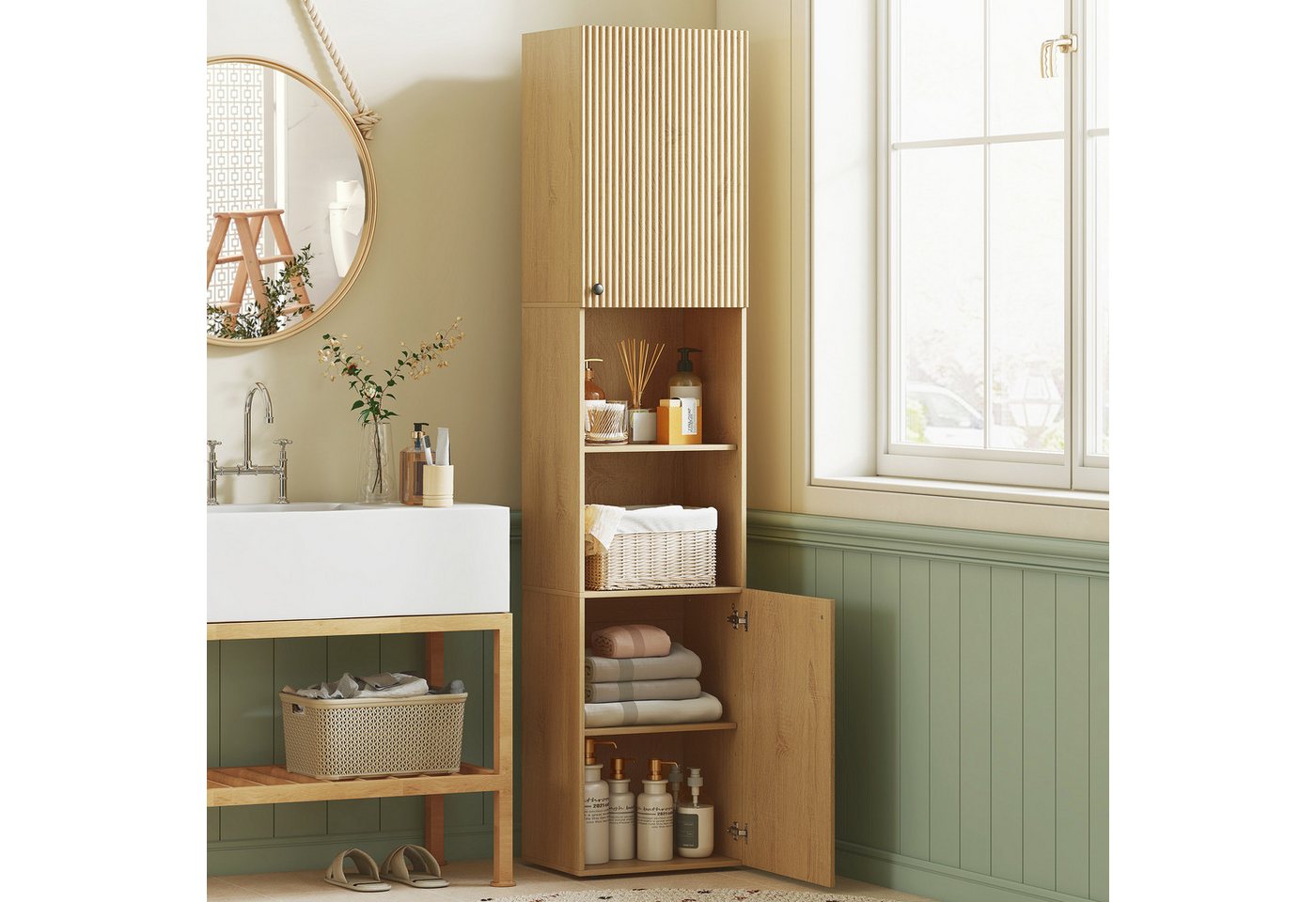 HOMCOM Badkommode Badezimmerschrank mit 2 Türen, 2 offenen Fächern Wohnzimmer (Badschrank, 1 St., Hochschrank), für Badezimmer, Eiche Bild 4