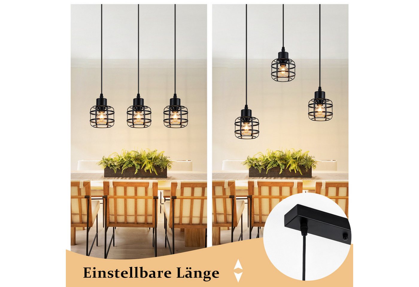 Nettlife Pendelleuchte Vintage schwarz Hängelampe industrielle 1/3flammig rund E14, Höhenverstellbar, ohne Leuchtmittel, für Esstisch, Kücheninsel, Bars, Cafés und Restaurants