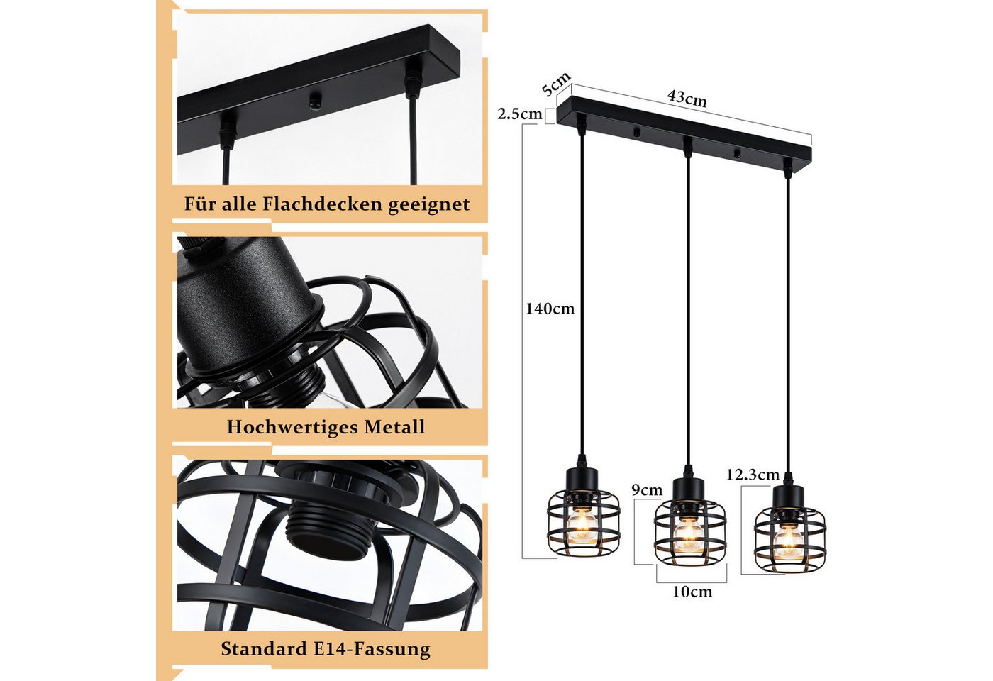 Nettlife Pendelleuchte Vintage schwarz Hängelampe industrielle 1/3flammig rund E14, Höhenverstellbar, ohne Leuchtmittel, für Esstisch, Kücheninsel, Bars, Cafés und Restaurants Bild 2