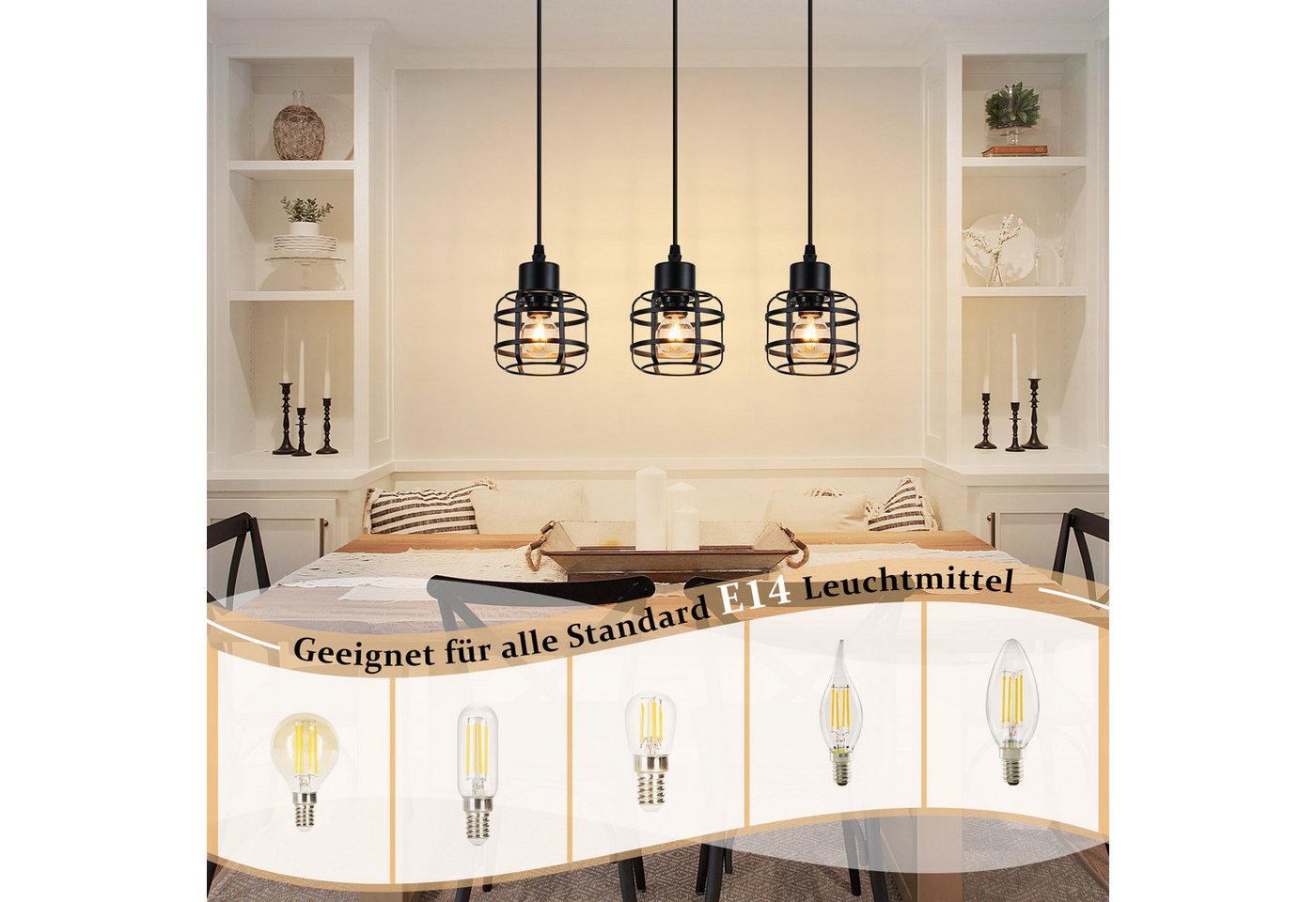 Nettlife Pendelleuchte Vintage schwarz Hängelampe industrielle 1/3flammig rund E14, Höhenverstellbar, ohne Leuchtmittel, für Esstisch, Kücheninsel, Bars, Cafés und Restaurants Bild 5