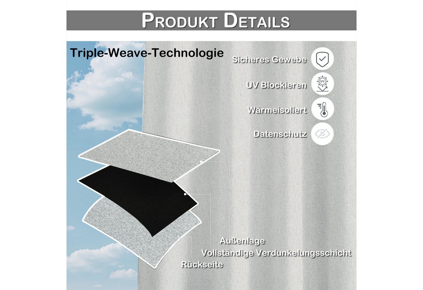 LMaxhome Outdoorvorhang 100% Blickdicht, Balkonvorhang wasserfest & windfest (2 St), 150 g/m² Polyester, Leinenoptik, mit Ösen für Terrasse & Pergola Bild 2