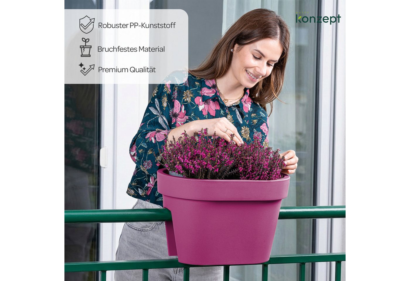 KONZEPT Blumenkasten für Balkongeländer 12,3 L, ca. 40 x 27 cm, Geprägtem Rand, Stapelbar Bild 4