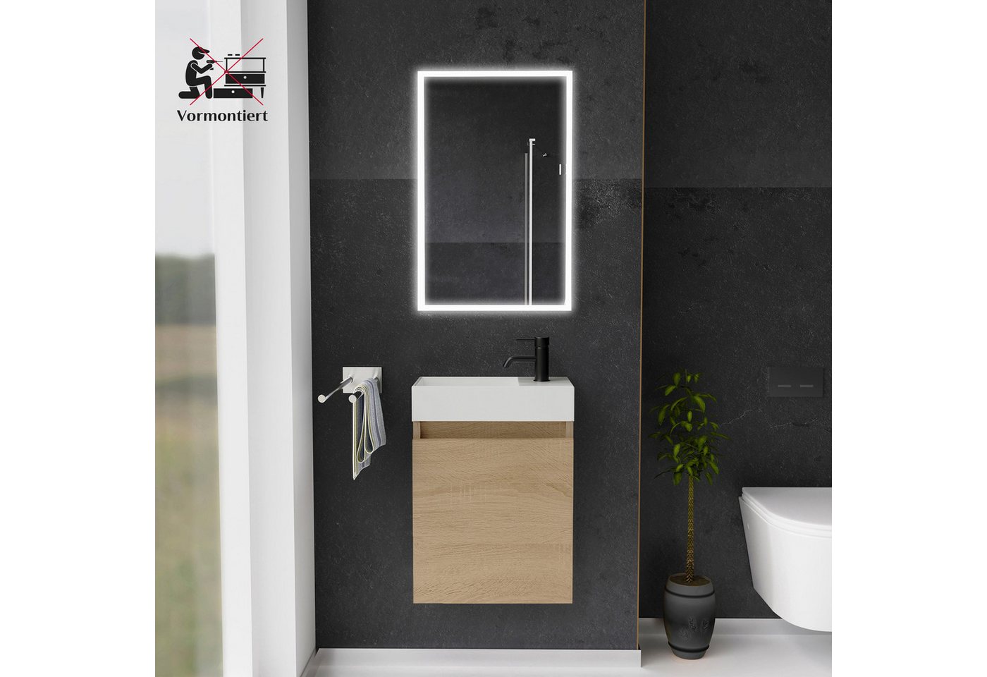 Alpenberger Badmöbel-Set Gäste WC Waschbecken mit Unterschrank - Badschrank Hängend, (2-tlg. Waschtisch Set Eiche Hell, Waschbeckenunterschrank mit Softclose), Waschplätze für Kleine Bäder - Badschrank Hängend und Vormontiert