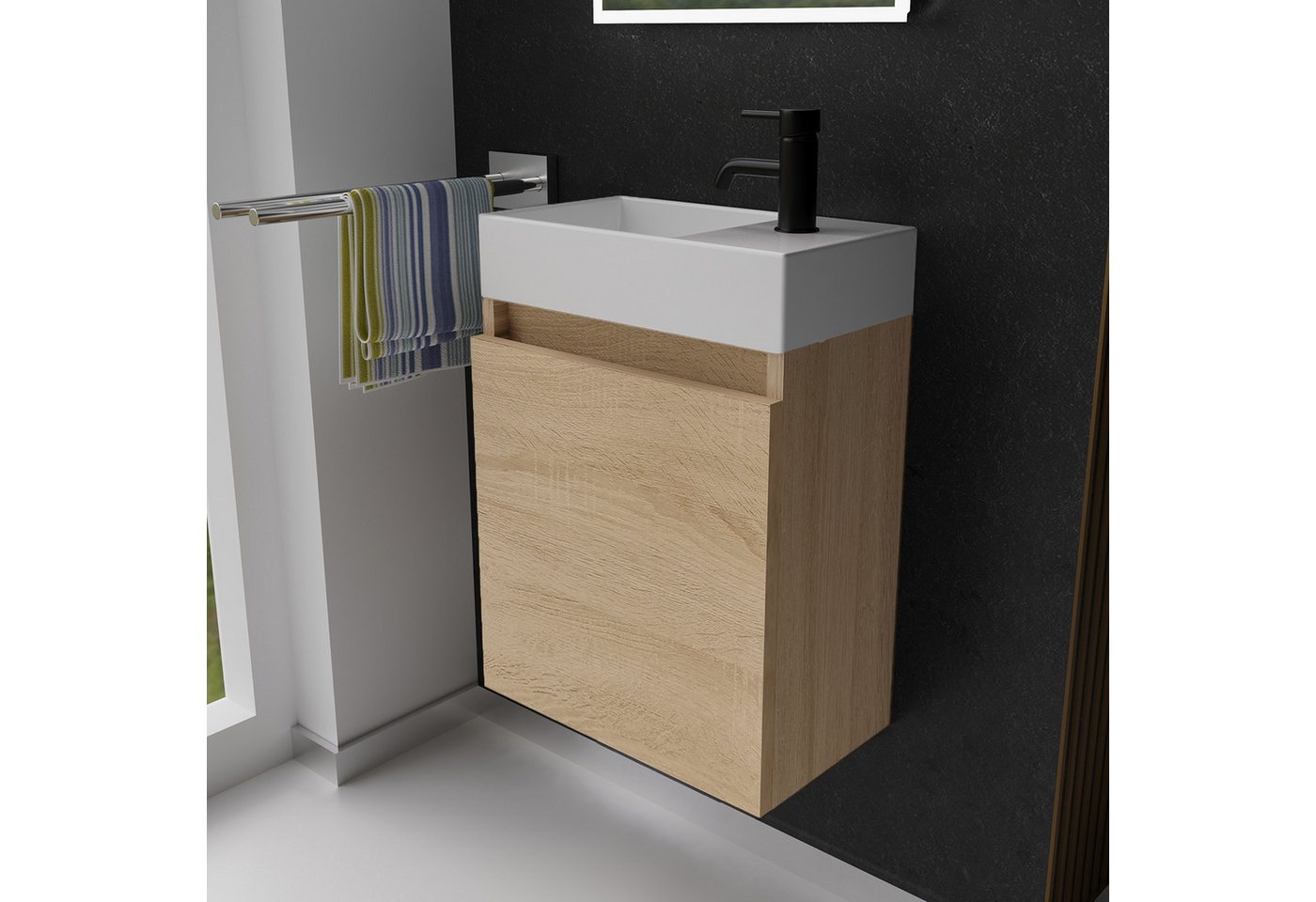 Alpenberger Badmöbel-Set Gäste WC Waschbecken mit Unterschrank - Badschrank Hängend, (2-tlg. Waschtisch Set Eiche Hell, Waschbeckenunterschrank mit Softclose), Waschplätze für Kleine Bäder - Badschrank Hängend und Vormontiert Bild 2