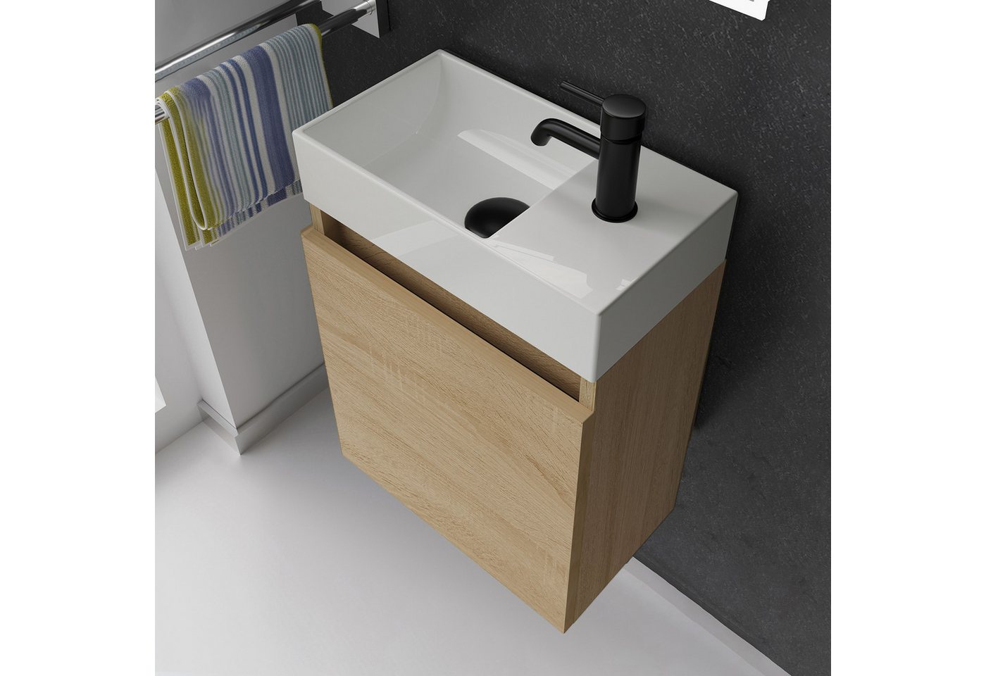 Alpenberger Badmöbel-Set Gäste WC Waschbecken mit Unterschrank - Badschrank Hängend, (2-tlg. Waschtisch Set Eiche Hell, Waschbeckenunterschrank mit Softclose), Waschplätze für Kleine Bäder - Badschrank Hängend und Vormontiert Bild 3
