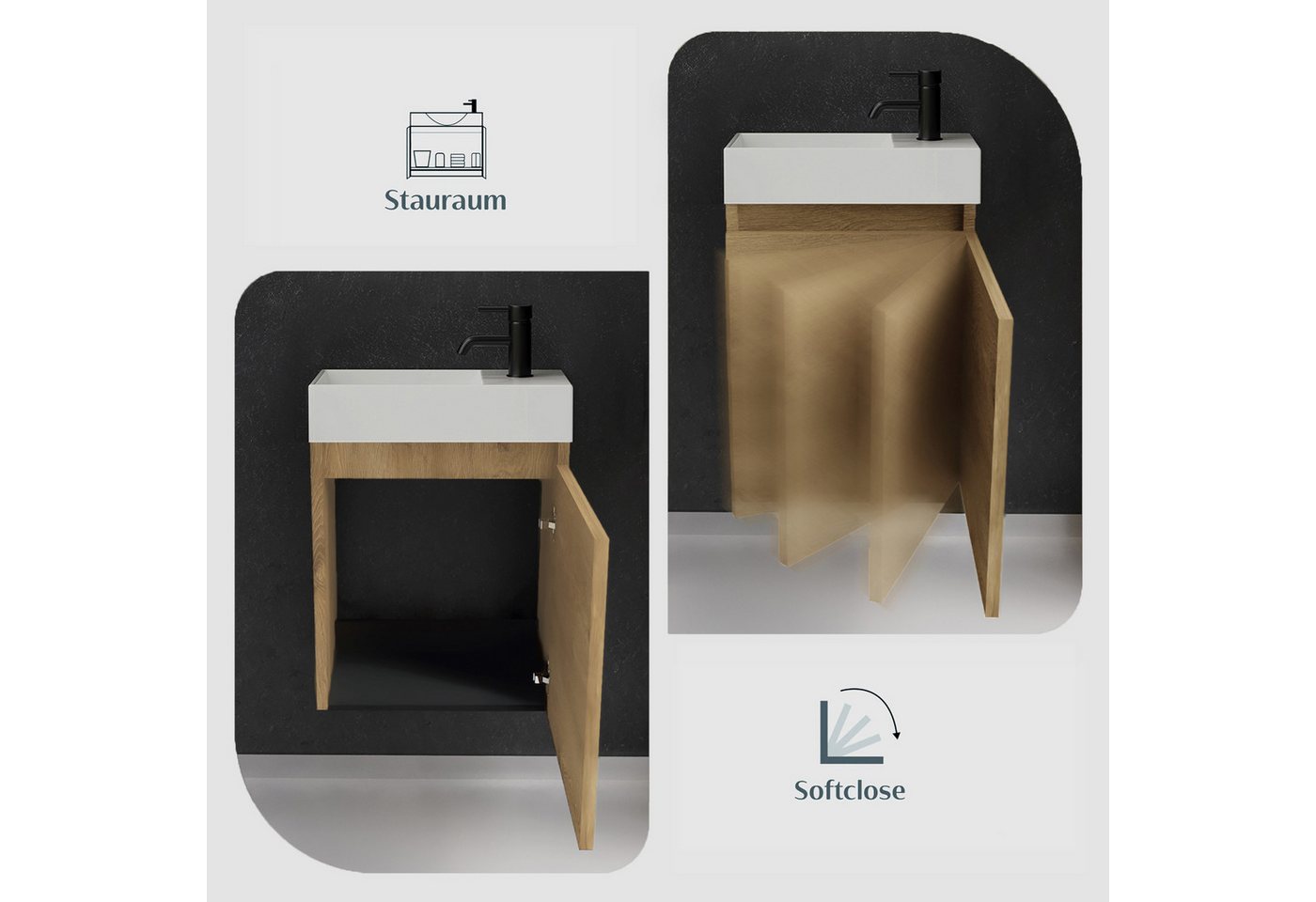 Alpenberger Badmöbel-Set Gäste WC Waschbecken mit Unterschrank - Badschrank Hängend, (2-tlg. Waschtisch Set Eiche Hell, Waschbeckenunterschrank mit Softclose), Waschplätze für Kleine Bäder - Badschrank Hängend und Vormontiert Bild 4
