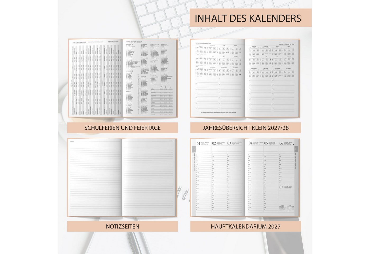 TOBJA Buchkalender Buchkalender 2027 Wochenplaner rosa Aquarell OptiPlaner Rosé FSC, Aquarell-Design altrosa, 30-Min-Taktung, 18,5x26 cm, FSC, 4-sprachig