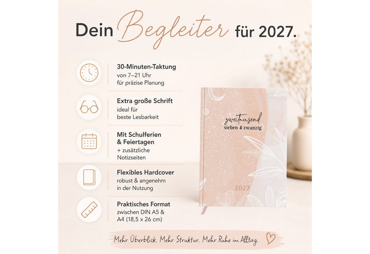 TOBJA Buchkalender Buchkalender 2027 Wochenplaner rosa Aquarell OptiPlaner Rosé FSC, Aquarell-Design altrosa, 30-Min-Taktung, 18,5x26 cm, FSC, 4-sprachig Bild 4