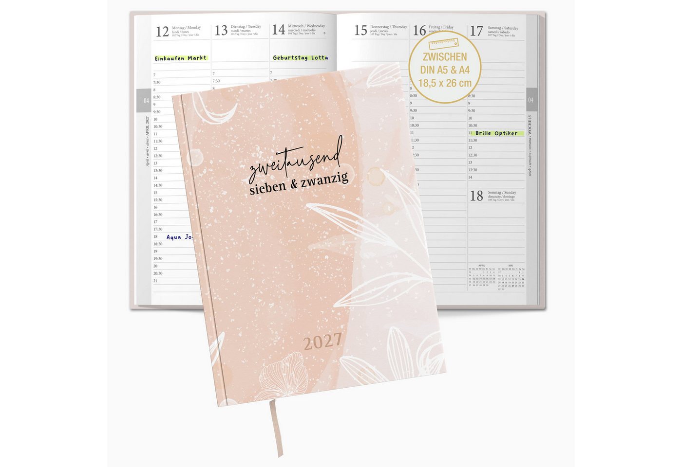 TOBJA Buchkalender Buchkalender 2027 Wochenplaner rosa Aquarell OptiPlaner Rosé FSC, Aquarell-Design altrosa, 30-Min-Taktung, 18,5x26 cm, FSC, 4-sprachig Bild 5