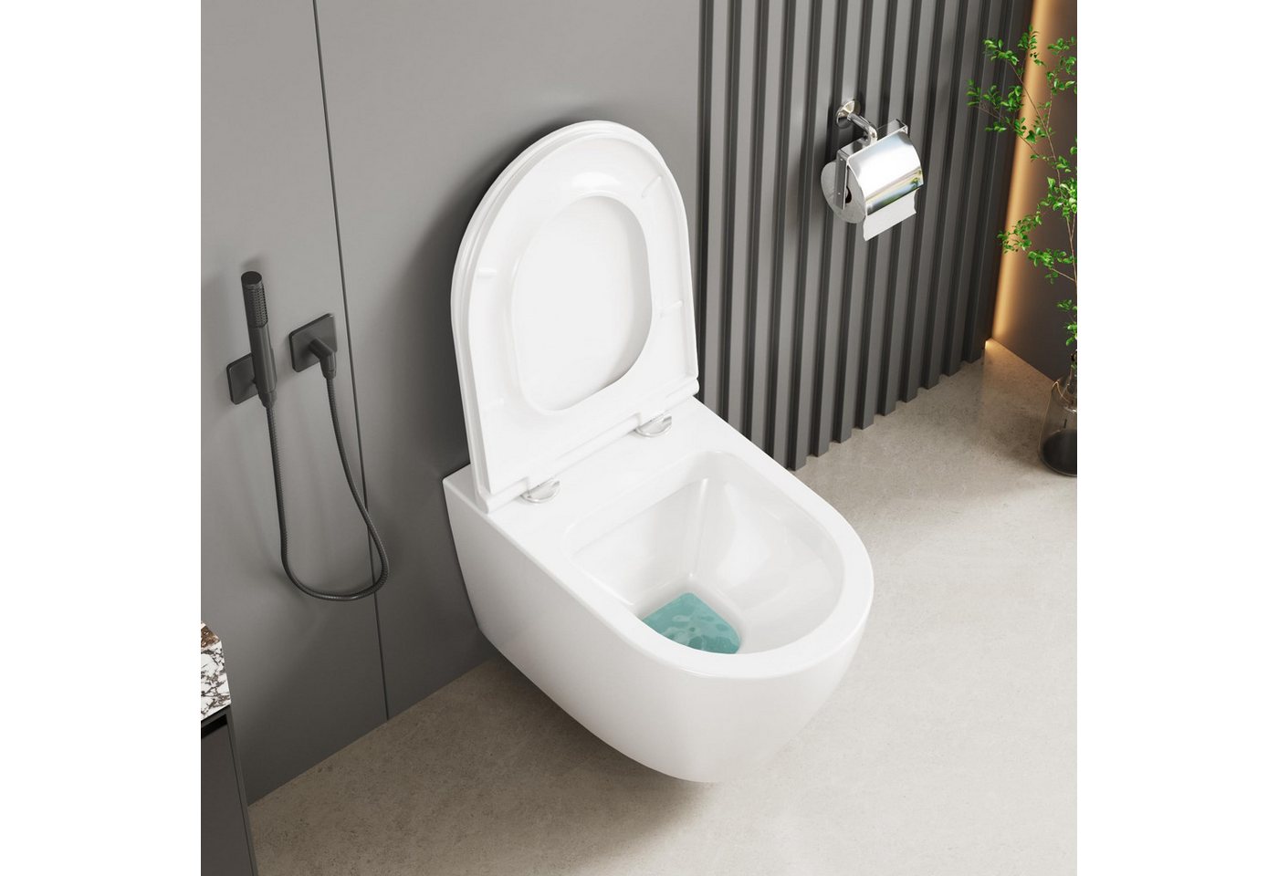 GarveeMore Tiefspül-WC mit 360° Rimless-Spülung, Soft-Close-Funktion, Schnelllösesystem, wandhängend, Abgang Wirbelspülung, aus Keramik, UF-Sitz (großes D-Design), 35×50×35 cm, Weiß