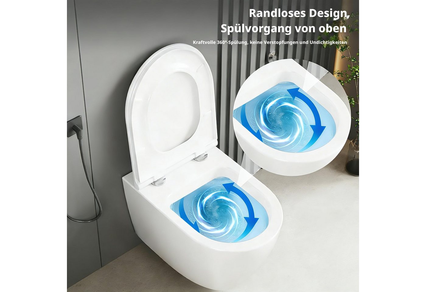 GarveeMore Tiefspül-WC mit 360° Rimless-Spülung, Soft-Close-Funktion, Schnelllösesystem, wandhängend, Abgang Wirbelspülung, aus Keramik, UF-Sitz (großes D-Design), 35×50×35 cm, Weiß Bild 2