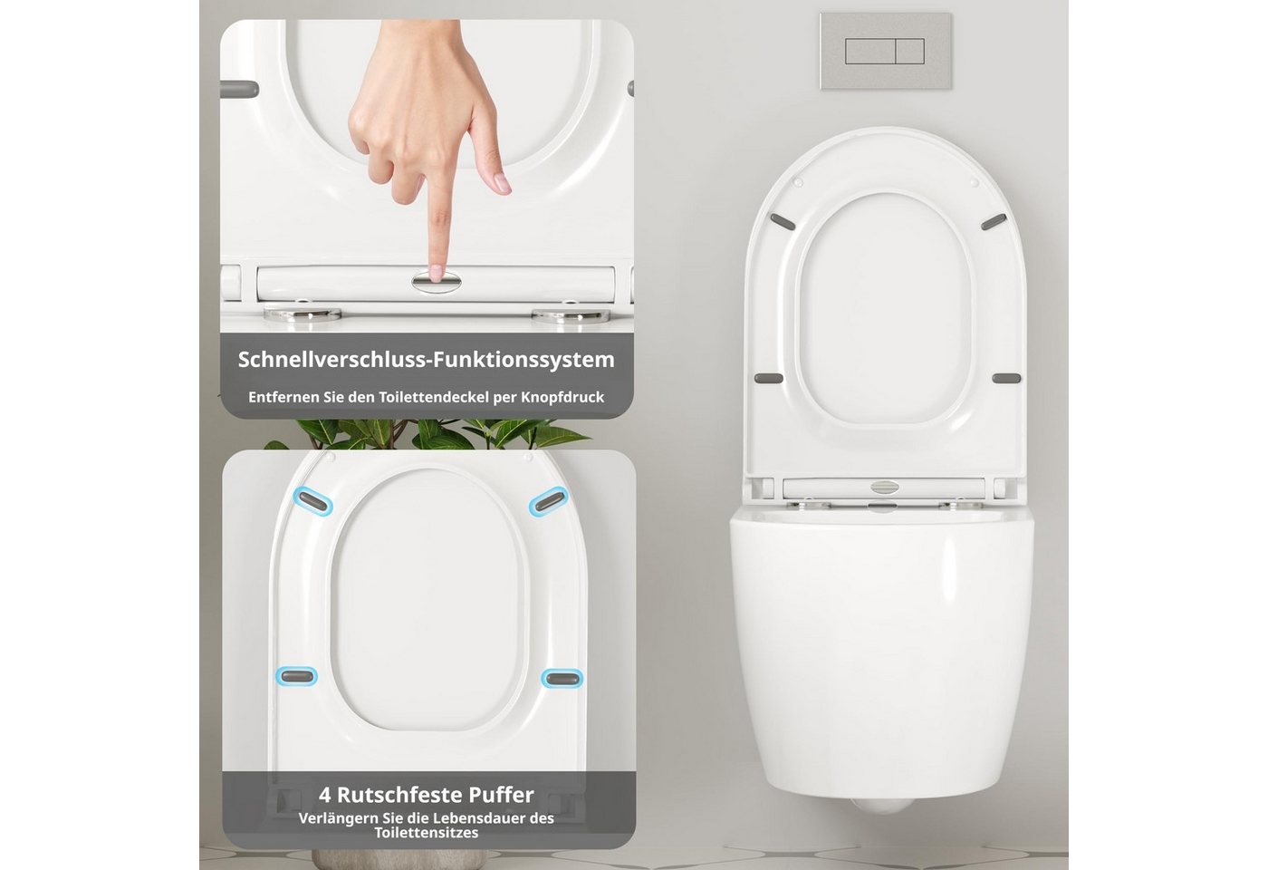 GarveeMore Tiefspül-WC mit 360° Rimless-Spülung, Soft-Close-Funktion, Schnelllösesystem, wandhängend, Abgang Wirbelspülung, aus Keramik, UF-Sitz (großes D-Design), 35×50×35 cm, Weiß Bild 3