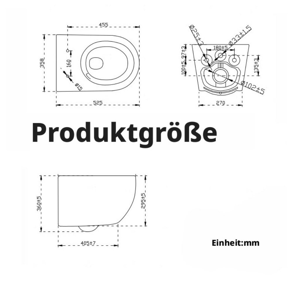 GarveeMore Tiefspül-WC mit 360° Rimless-Spülung, Soft-Close-Funktion, Schnelllösesystem, wandhängend, Abgang Wirbelspülung, aus Keramik, UF-Sitz (großes D-Design), 35×50×35 cm, Weiß Bild 4