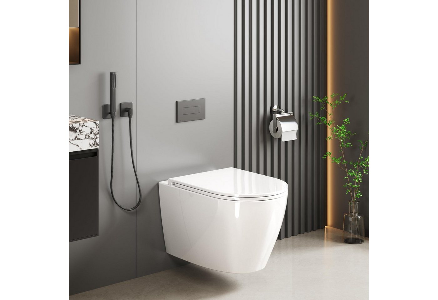 GarveeMore Tiefspül-WC mit 360° Rimless-Spülung, Soft-Close-Funktion, Schnelllösesystem, wandhängend, Abgang Wirbelspülung, aus Keramik, UF-Sitz (großes D-Design), 35×50×35 cm, Weiß Bild 5