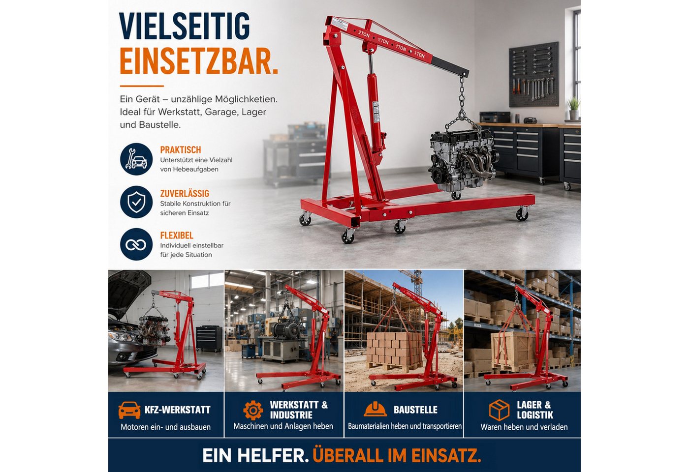Blossom Werkstattkran Hydraulischer Motorkran 2000 kg klappbar mit Teleskopausleger 30–230cm, Tragkraft max.2t 88×90×150 cm Werkstattkran Ladekran mit 360° Rollen für Motorwechsel