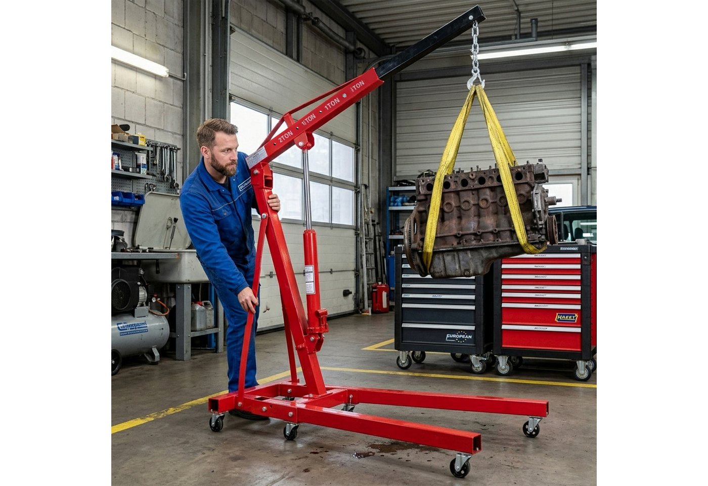 Blossom Werkstattkran Hydraulischer Motorkran 2000 kg klappbar mit Teleskopausleger 30–230cm, Tragkraft max.2t 88×90×150 cm Werkstattkran Ladekran mit 360° Rollen für Motorwechsel Bild 4