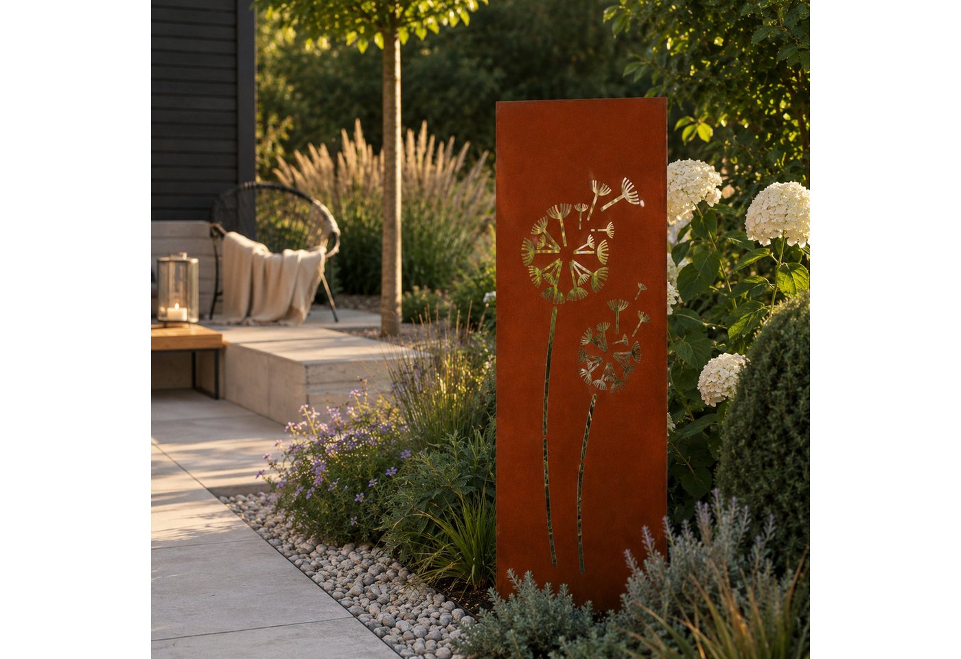 UNUS GARDEN Gartenstecker Gartenschild groß, Pusteblumen, Gartenstecker Metall in Rostoptik (1-St., 80x28 cm) wetterfest, dekorativ für Garten, Beet und Balkon