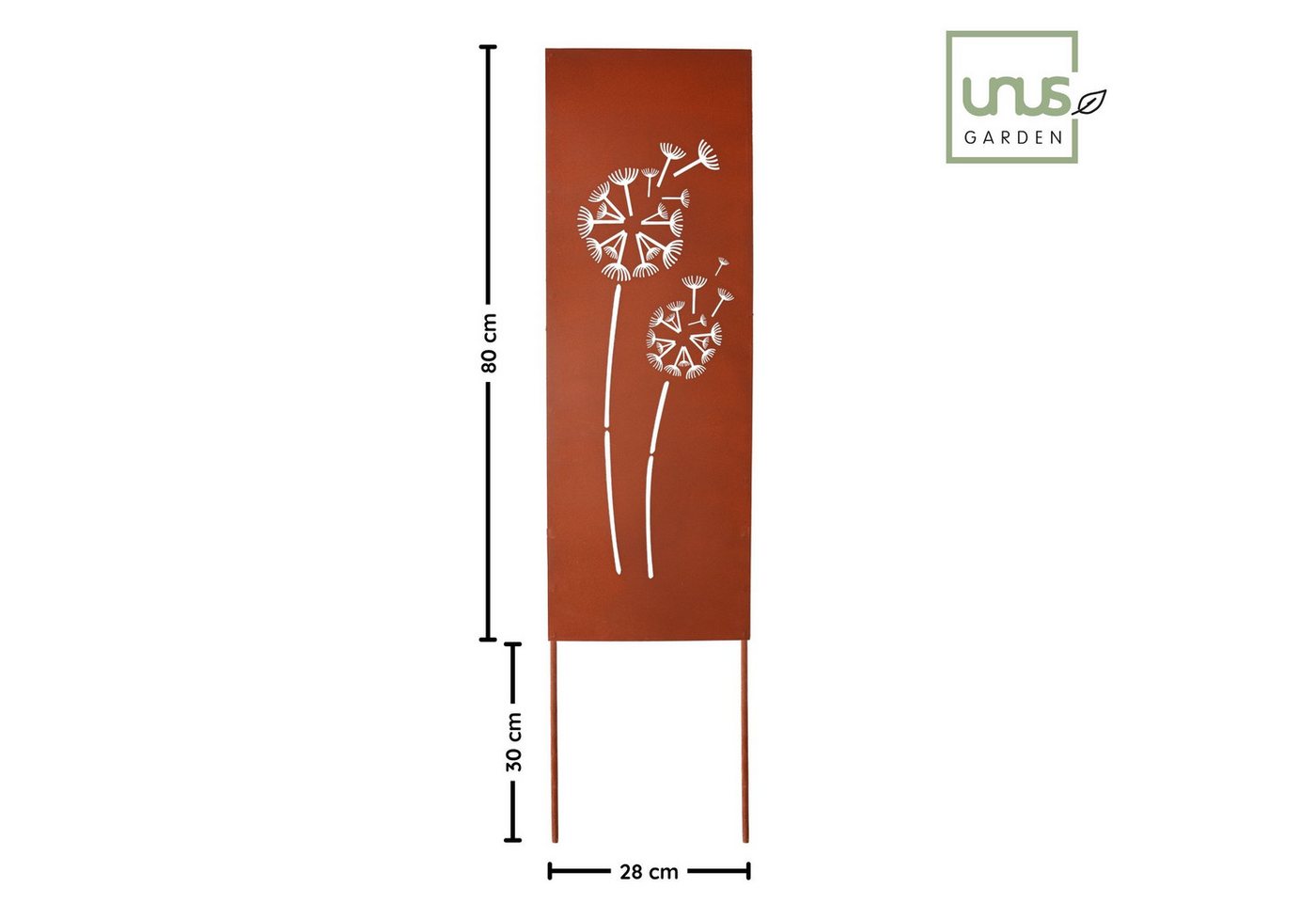 UNUS GARDEN Gartenstecker Gartenschild groß, Pusteblumen, Gartenstecker Metall in Rostoptik (1-St., 80x28 cm) wetterfest, dekorativ für Garten, Beet und Balkon Bild 2