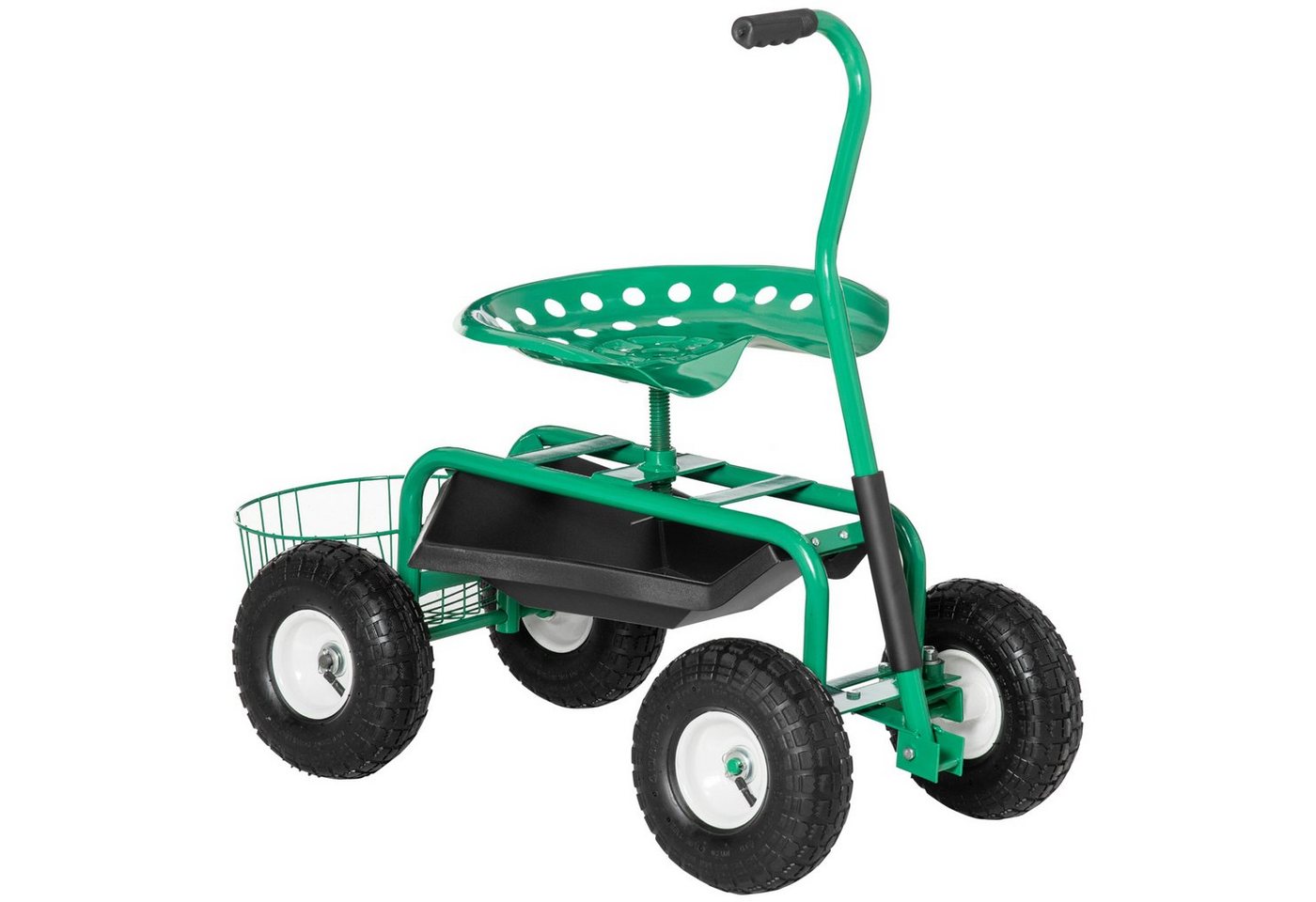 Outsunny Werkzeugwagen Rollsitz 360 ° drehbar höhenverstellbar Gartensitz mit Ablagefläche, mit Stauraumfach, max. Traglast:150 kg, 0-tlg. Werkzeugset, (Werkstattwagen, 1-tlg., Gartenwagen), für Garten, Grün