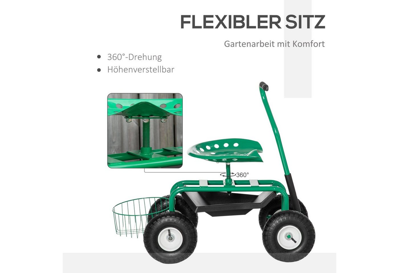Outsunny Werkzeugwagen Rollsitz 360 ° drehbar höhenverstellbar Gartensitz mit Ablagefläche, mit Stauraumfach, max. Traglast:150 kg, 0-tlg. Werkzeugset, (Werkstattwagen, 1-tlg., Gartenwagen), für Garten, Grün Bild 2