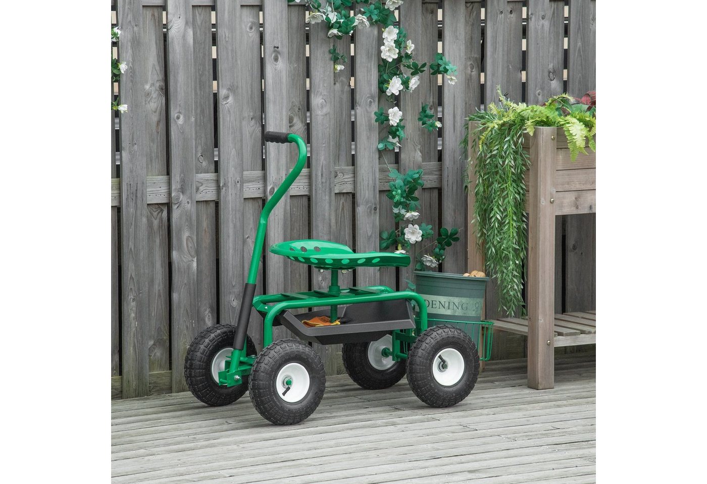 Outsunny Werkzeugwagen Rollsitz 360 ° drehbar höhenverstellbar Gartensitz mit Ablagefläche, mit Stauraumfach, max. Traglast:150 kg, 0-tlg. Werkzeugset, (Werkstattwagen, 1-tlg., Gartenwagen), für Garten, Grün Bild 3