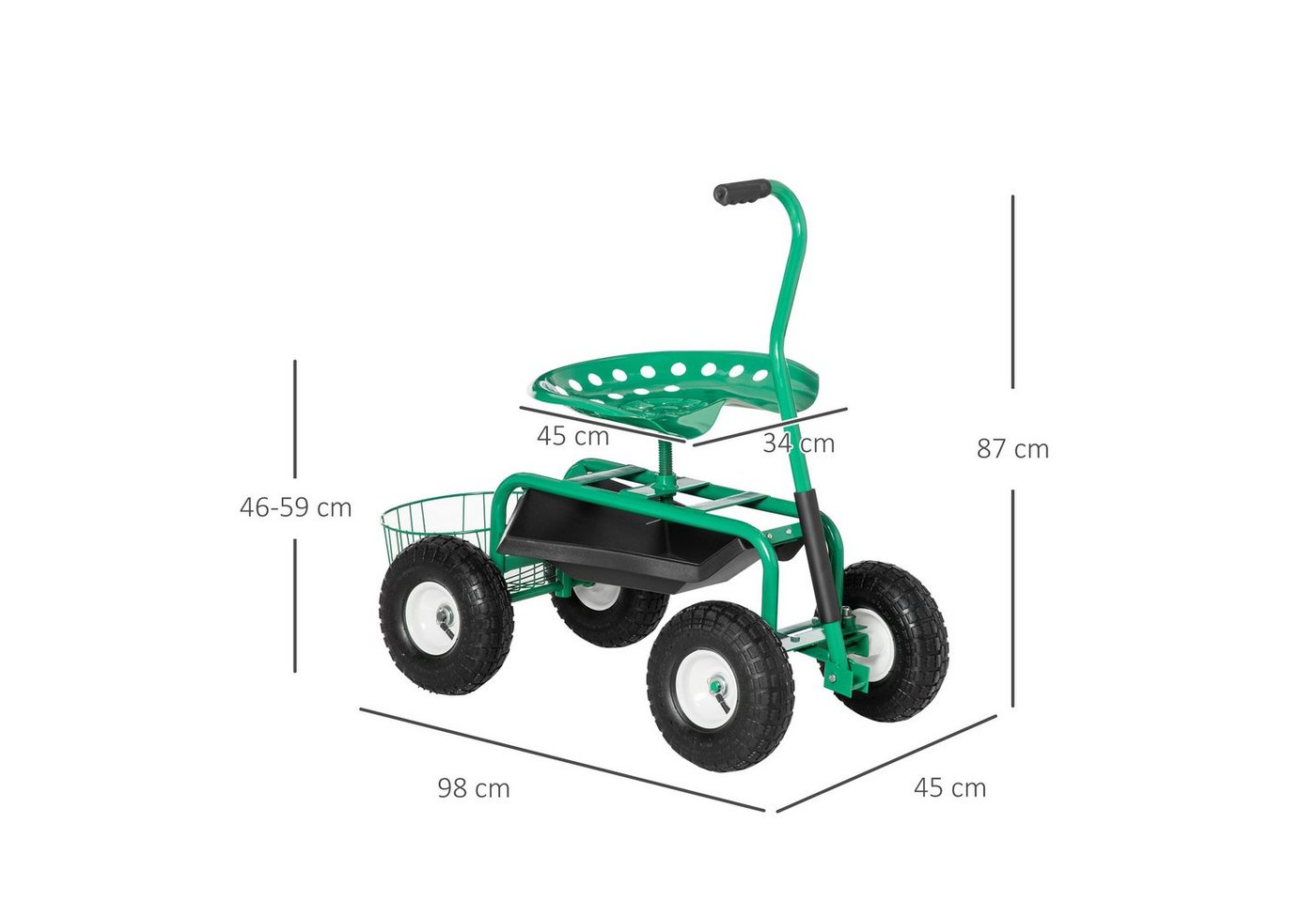 Outsunny Werkzeugwagen Rollsitz 360 ° drehbar höhenverstellbar Gartensitz mit Ablagefläche, mit Stauraumfach, max. Traglast:150 kg, 0-tlg. Werkzeugset, (Werkstattwagen, 1-tlg., Gartenwagen), für Garten, Grün Bild 4
