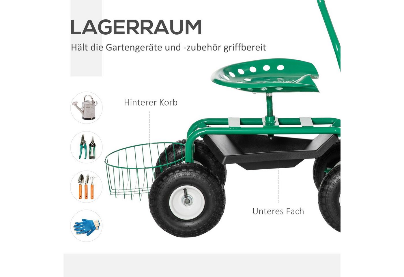Outsunny Werkzeugwagen Rollsitz 360 ° drehbar höhenverstellbar Gartensitz mit Ablagefläche, mit Stauraumfach, max. Traglast:150 kg, 0-tlg. Werkzeugset, (Werkstattwagen, 1-tlg., Gartenwagen), für Garten, Grün Bild 5
