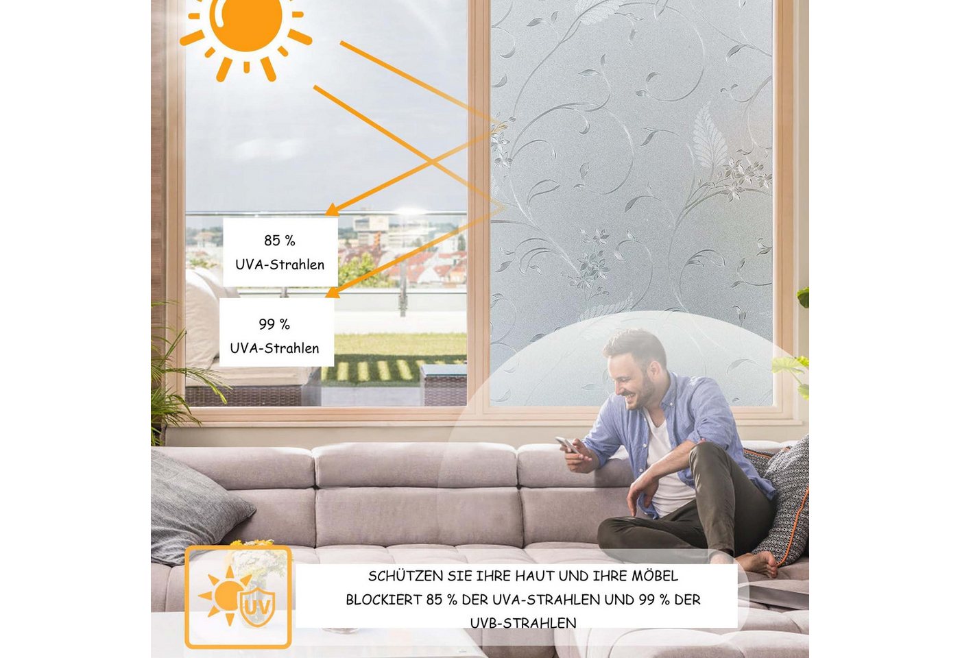 Diwzbyn Fensterfolie Blickdicht Selbsthaftend, Sichtschutzfolie Fenster, 90% UV-Schutz Bild 3