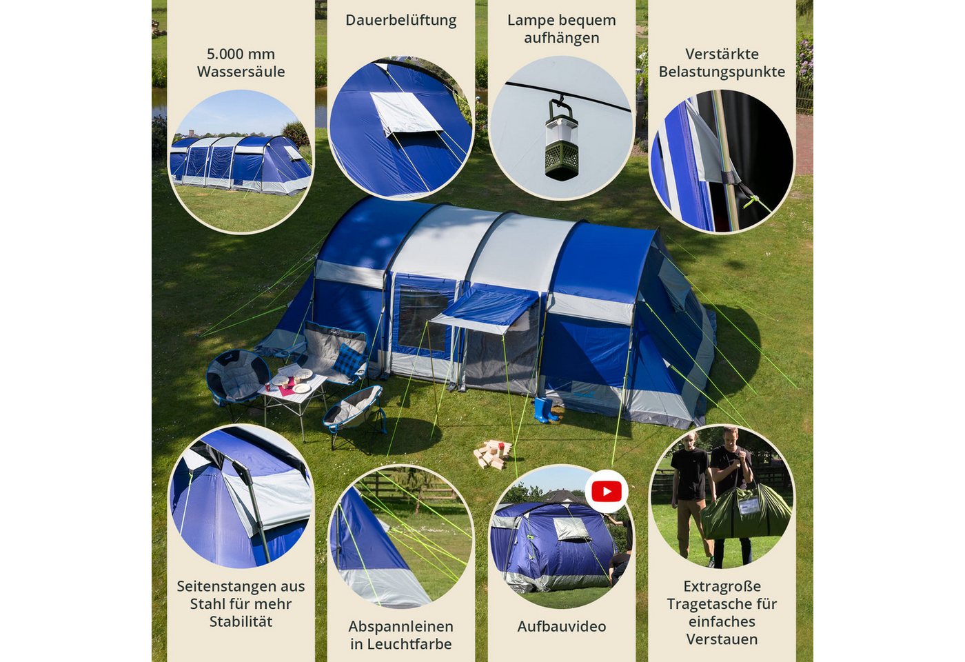 Skandika Tunnelzelt Montana 8 Sleeper, Familienzelt mit 3-4 nachtschwarzen Schlafkabinen, Personen: 8 (Sleeper Technologie, Organizer-Taschen, Haken für Zeltlampe), wasserdicht, 5000mm Wassersäule, Moskitonetze, Zeltboden, 2m Stehhöhe Bild 2