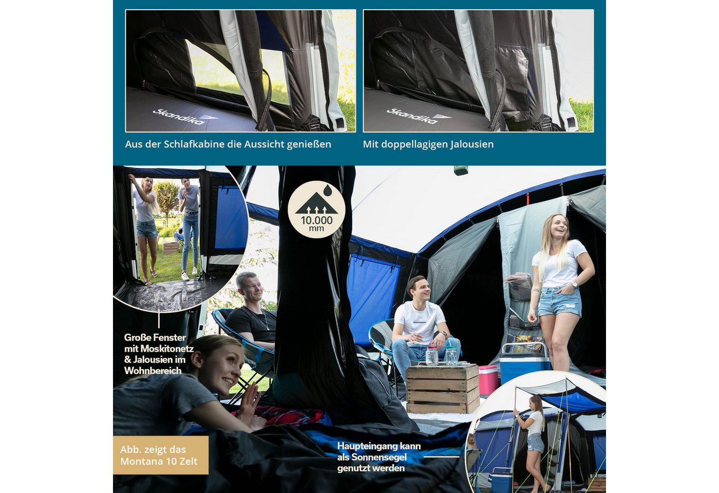 Skandika Tunnelzelt Montana 8 Sleeper, Familienzelt mit 3-4 nachtschwarzen Schlafkabinen, Personen: 8 (Sleeper Technologie, Organizer-Taschen, Haken für Zeltlampe), wasserdicht, 5000mm Wassersäule, Moskitonetze, Zeltboden, 2m Stehhöhe Bild 3