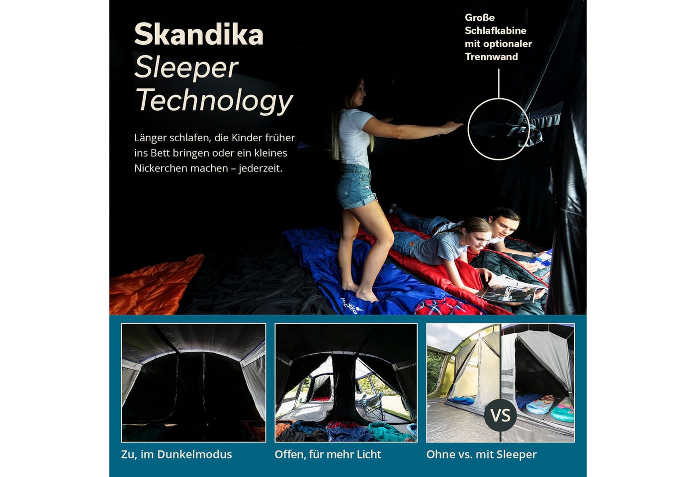 Skandika Tunnelzelt Montana 8 Sleeper, Familienzelt mit 3-4 nachtschwarzen Schlafkabinen, Personen: 8 (Sleeper Technologie, Organizer-Taschen, Haken für Zeltlampe), wasserdicht, 5000mm Wassersäule, Moskitonetze, Zeltboden, 2m Stehhöhe Bild 5