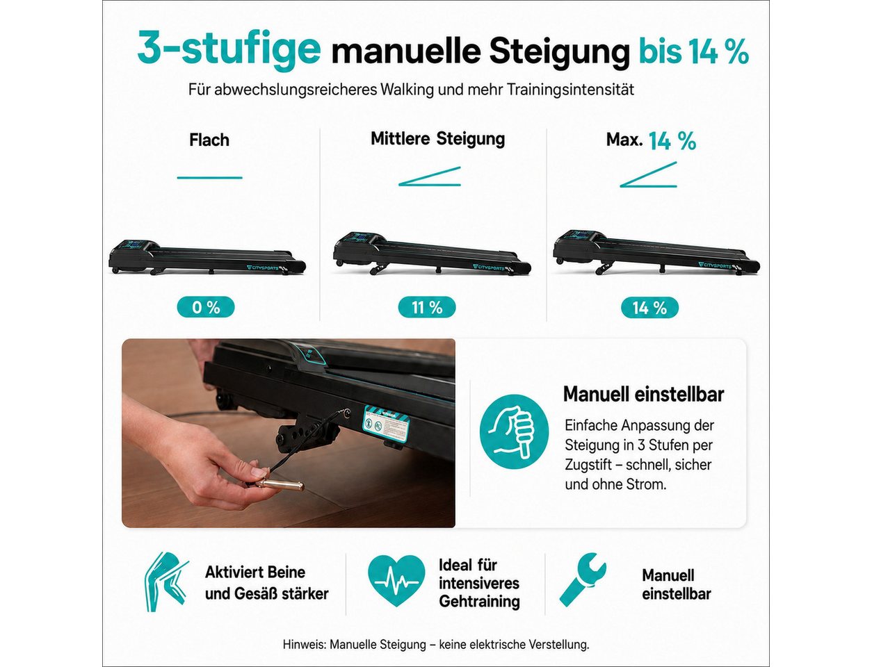 CITYSPORTS Laufband Laufband WP6 Walking Pad, 1–6 km/h, 440 W, 3-stufige Steigung bis 14 % (Mit toolkit,mit Schmiermittel), 120 kg, selbstzentrierender Laufgurt, LED-Display, Bluetooth
