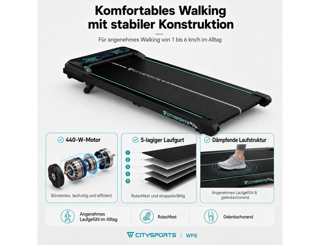 CITYSPORTS Laufband Laufband WP6 Walking Pad, 1–6 km/h, 440 W, 3-stufige Steigung bis 14 % (Mit toolkit,mit Schmiermittel), 120 kg, selbstzentrierender Laufgurt, LED-Display, Bluetooth Bild 2
