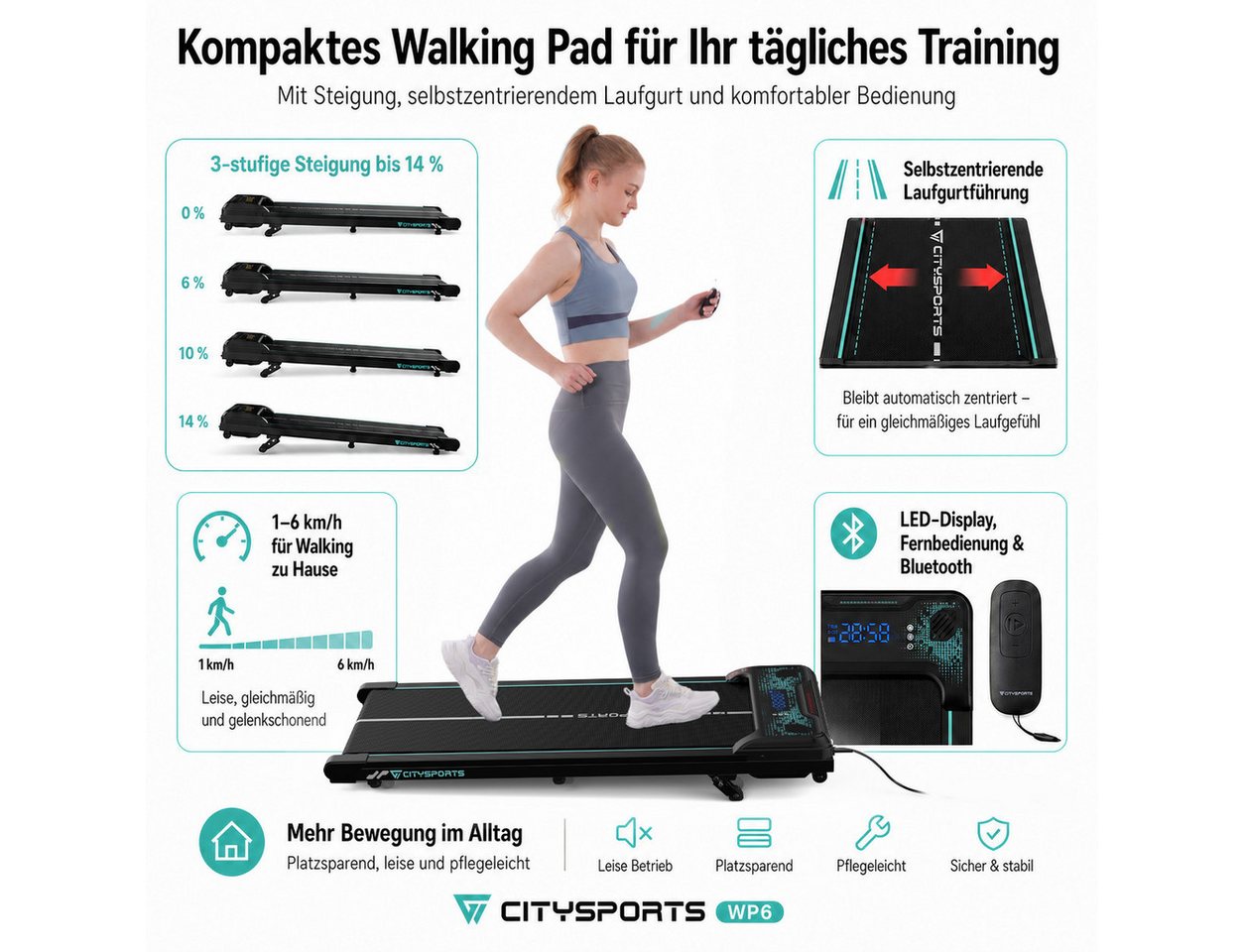 CITYSPORTS Laufband Laufband WP6 Walking Pad, 1–6 km/h, 440 W, 3-stufige Steigung bis 14 % (Mit toolkit,mit Schmiermittel), 120 kg, selbstzentrierender Laufgurt, LED-Display, Bluetooth Bild 4