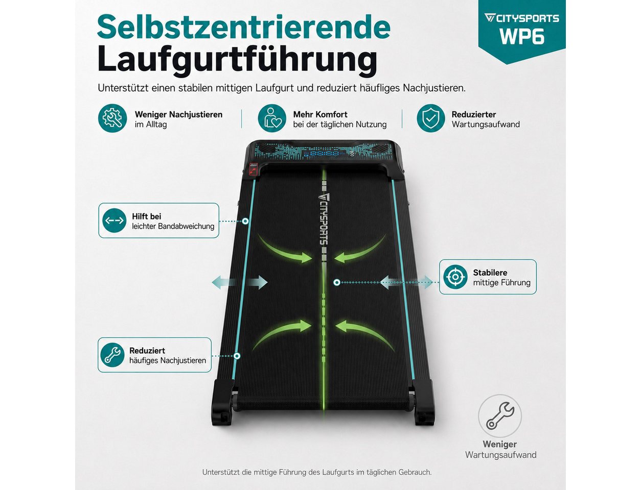 CITYSPORTS Laufband Laufband WP6 Walking Pad, 1–6 km/h, 440 W, 3-stufige Steigung bis 14 % (Mit toolkit,mit Schmiermittel), 120 kg, selbstzentrierender Laufgurt, LED-Display, Bluetooth Bild 5