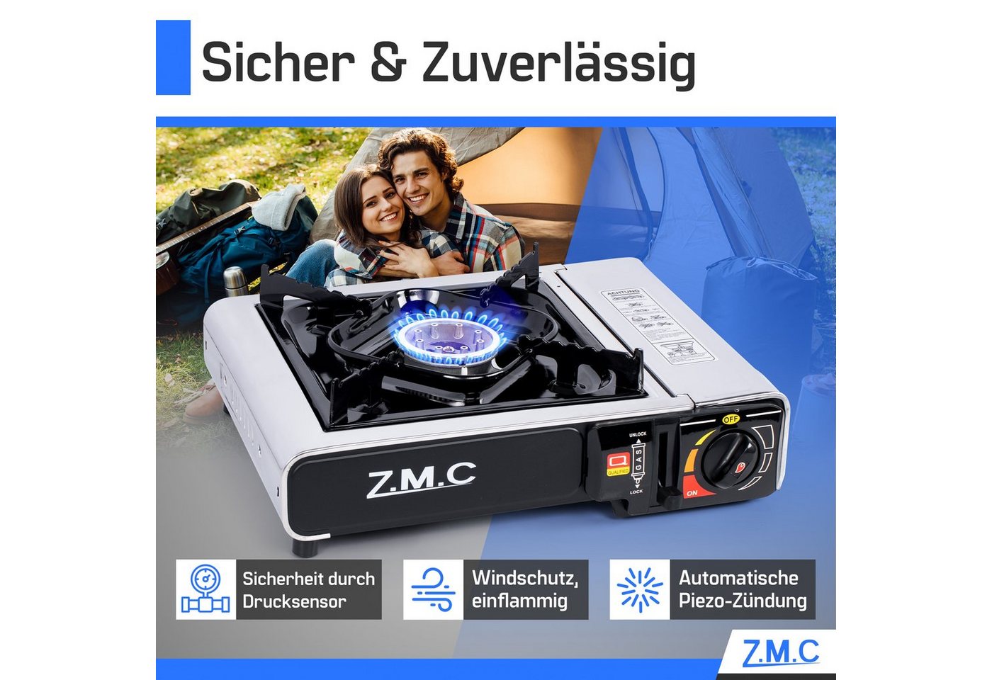 ZMC Gaskocher Edelstahl Gaskocher 1-flammig + Aufbewahrungskoffer + 28 Gaskartuschen, (Butangas Campingkocher für Innenraum/Outdoor, Campinggaskocher 2,2 kW mit Piezozündung, Piezozündung), Kochfeld Herd Gaskocher mit Kartusche, Gaskochfeld für Camping