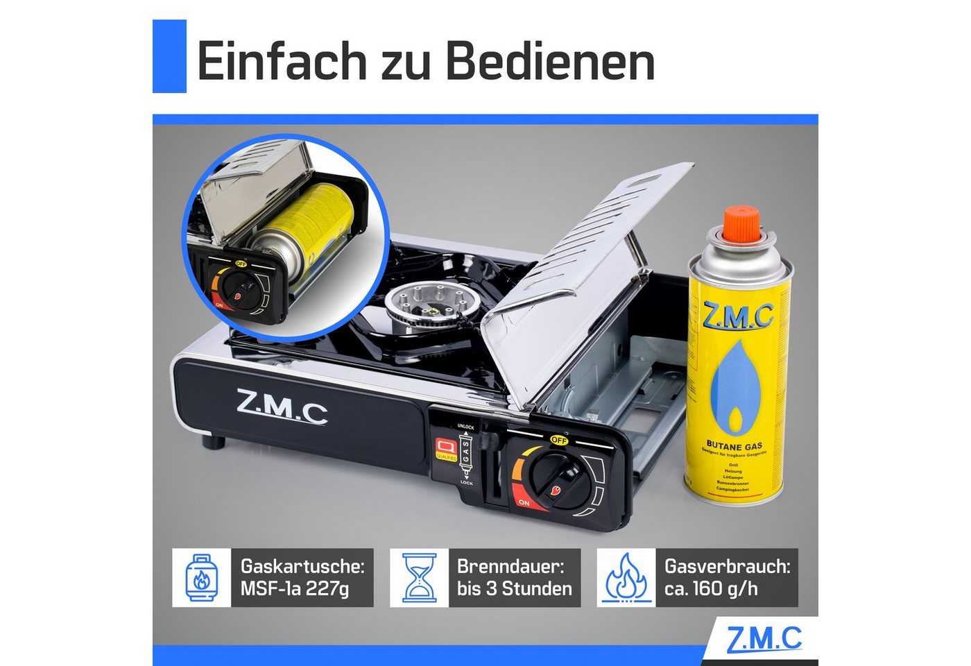 ZMC Gaskocher Edelstahl Gaskocher 1-flammig + Aufbewahrungskoffer + 28 Gaskartuschen, (Butangas Campingkocher für Innenraum/Outdoor, Campinggaskocher 2,2 kW mit Piezozündung, Piezozündung), Kochfeld Herd Gaskocher mit Kartusche, Gaskochfeld für Camping Bild 2