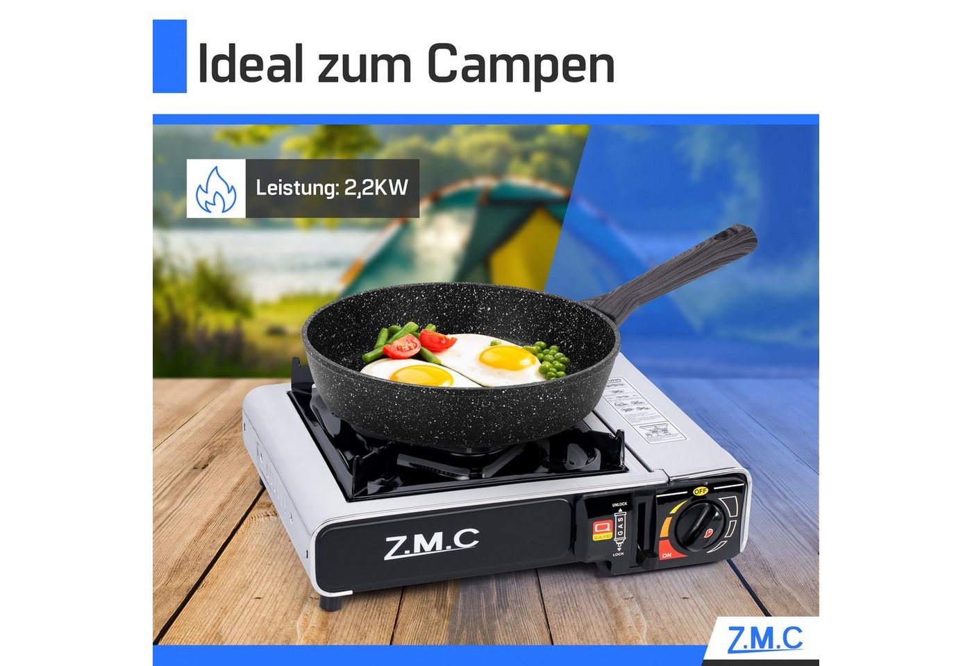 ZMC Gaskocher Edelstahl Gaskocher 1-flammig + Aufbewahrungskoffer + 28 Gaskartuschen, (Butangas Campingkocher für Innenraum/Outdoor, Campinggaskocher 2,2 kW mit Piezozündung, Piezozündung), Kochfeld Herd Gaskocher mit Kartusche, Gaskochfeld für Camping Bild 4