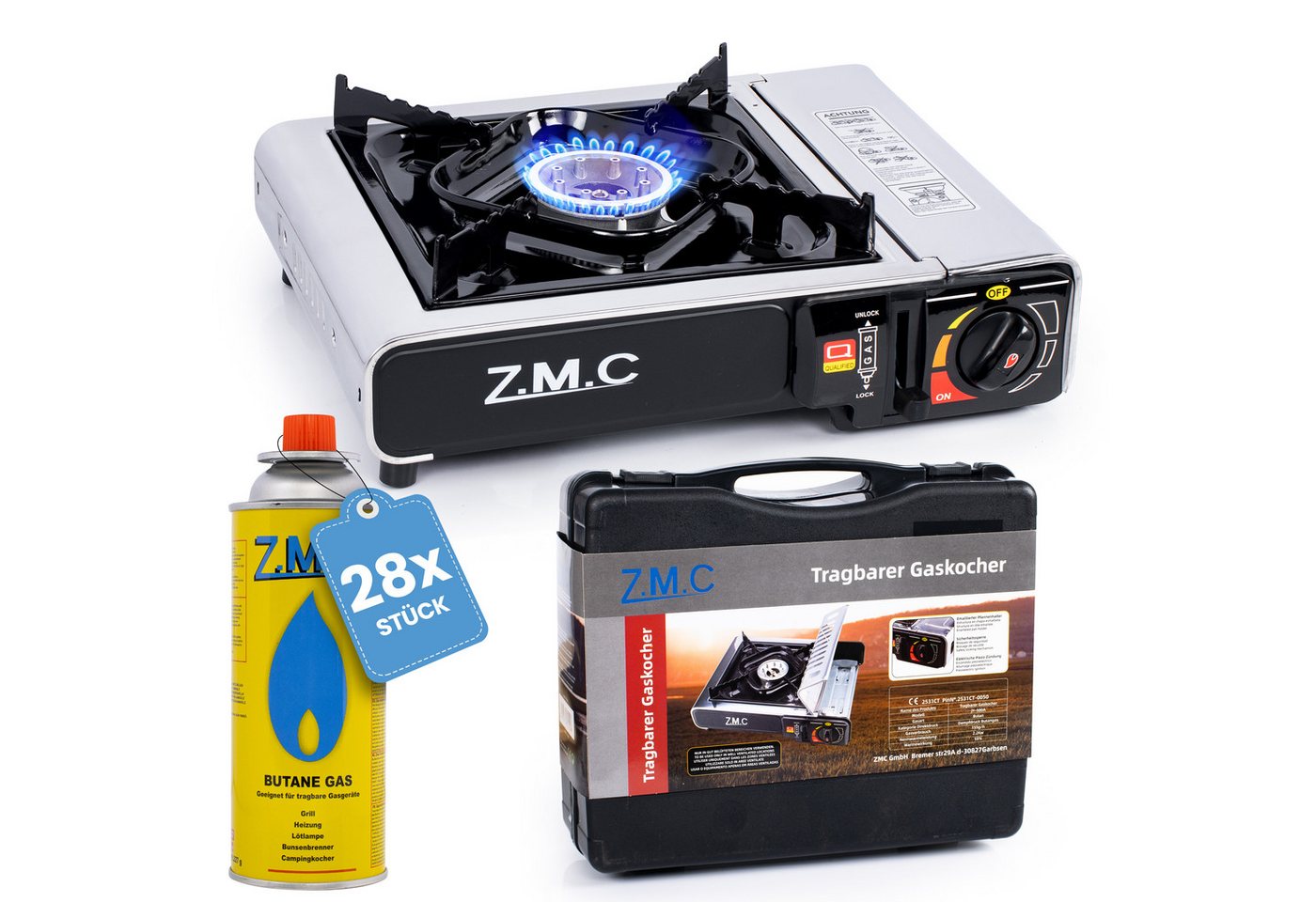 ZMC Gaskocher Edelstahl Gaskocher 1-flammig + Aufbewahrungskoffer + 28 Gaskartuschen, (Butangas Campingkocher für Innenraum/Outdoor, Campinggaskocher 2,2 kW mit Piezozündung, Piezozündung), Kochfeld Herd Gaskocher mit Kartusche, Gaskochfeld für Camping Bild 5