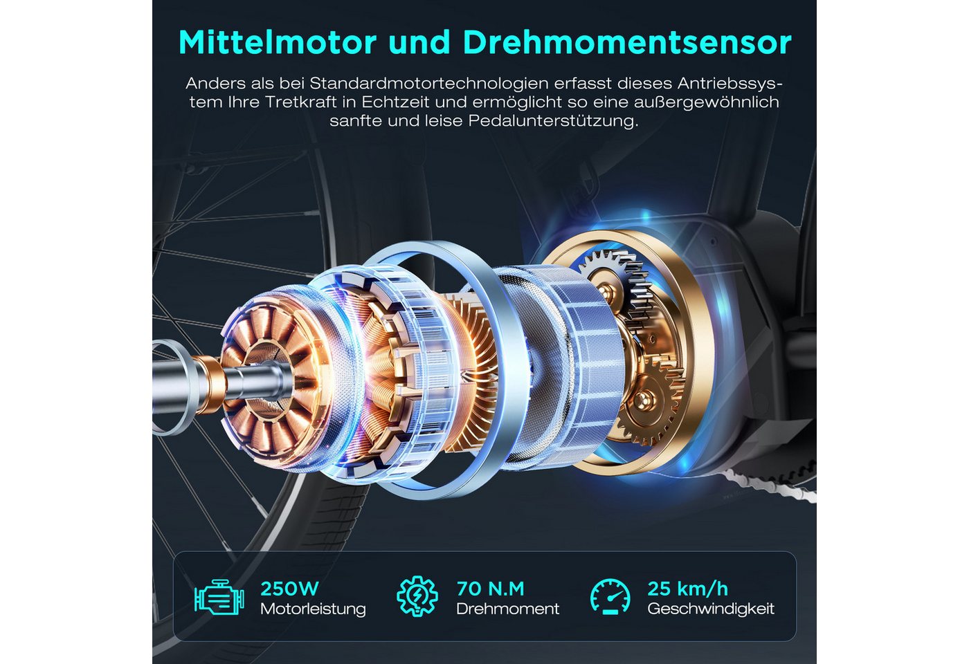 HITWAY E-Bike Cityrad E-Bike 27,5 Zoll, 70 Nm Mittelmotor,Hydraulikbremse,bis zu 180 km, 7 Gang shimano shimano Schaltwerk, Kettenschaltung, Mittelmotor, 468 Wh, (Lieferumfang: Ladegerät, Zahlenschloss, Mini-Luftpumpe), Ananda Mittelmotor, ZOOM Bremsen,3A-Lader, App, NFC. Bild 3