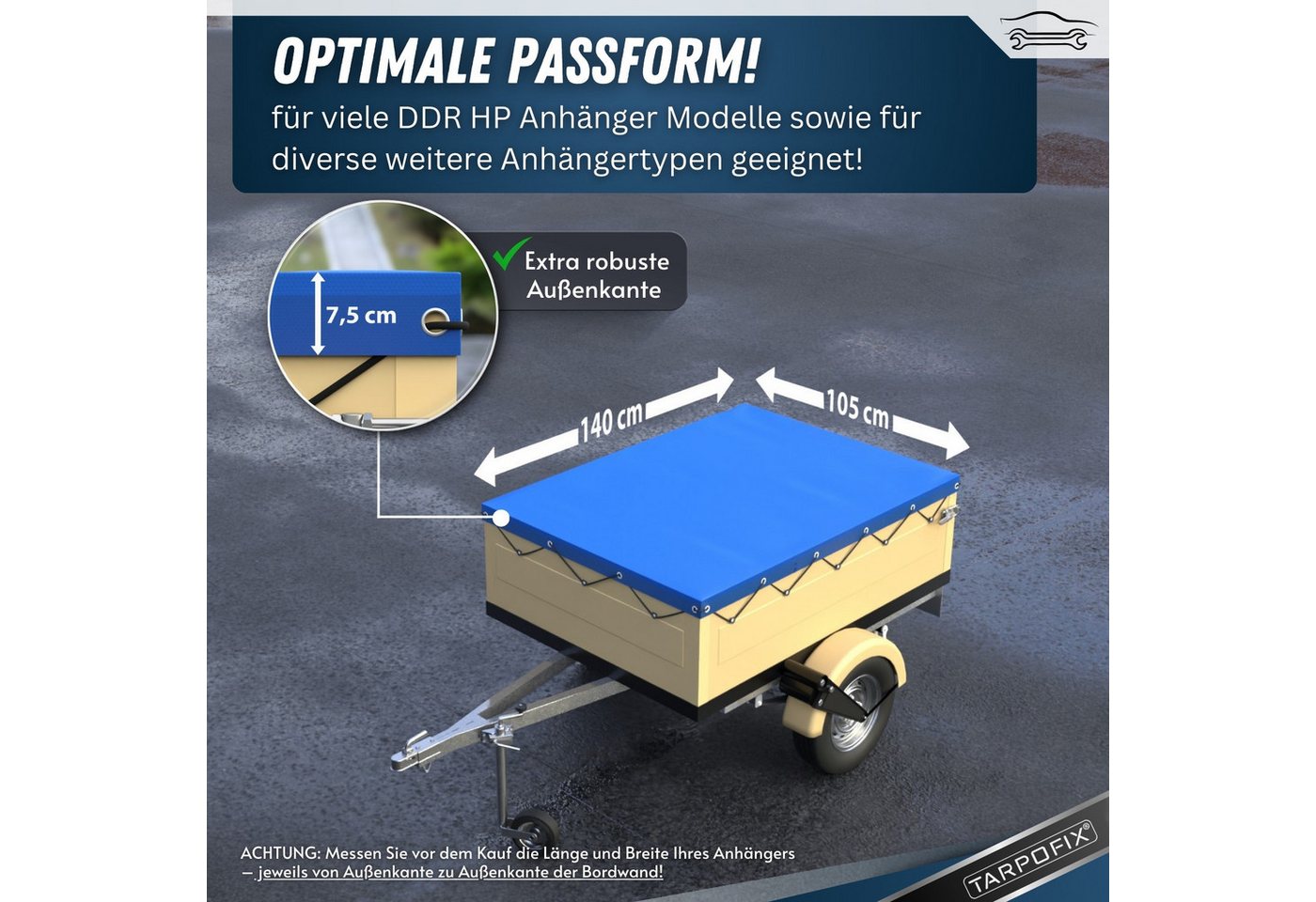 Tarpofix® Schutzplane Anhängerplane DDR Anhänger PVC wasserdicht UV-beständig (Blaue Plane + 1x Planenbügel), Flachplane 140x105 cm + 1x Planenbügel Set